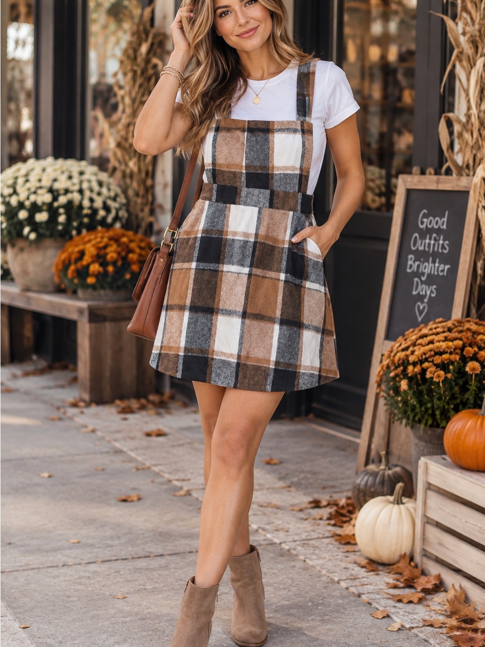Plaid Pinafore Mini Dress in Brown and Cream. B2